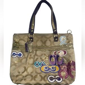 Coach Poppy Tan and Purple Shoulder Bag with Floral Embellishments without tags